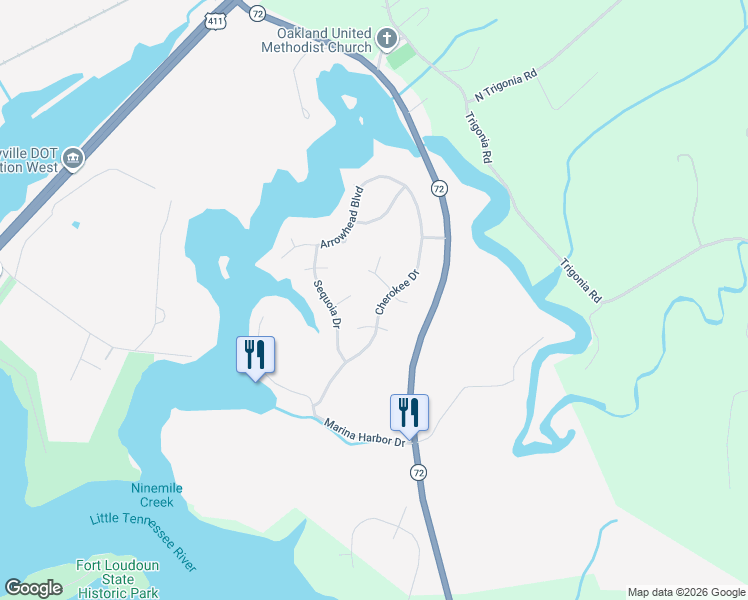 map of restaurants, bars, coffee shops, grocery stores, and more near 2108 Cherokee Drive in Maryville