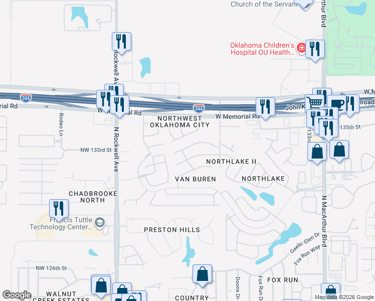 map of restaurants, bars, coffee shops, grocery stores, and more near 6616 Northwest 134th Street in Oklahoma City