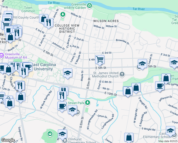 map of restaurants, bars, coffee shops, grocery stores, and more near 601 South Elm Street in Greenville