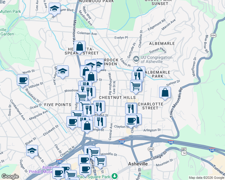 map of restaurants, bars, coffee shops, grocery stores, and more near 70 Lee Street North in Asheville