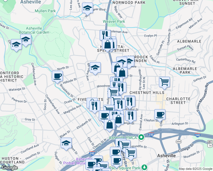 map of restaurants, bars, coffee shops, grocery stores, and more near 64 Highland Street in Asheville