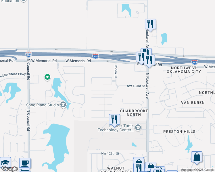 map of restaurants, bars, coffee shops, grocery stores, and more near 7424 Northwest 133rd Street in Oklahoma City