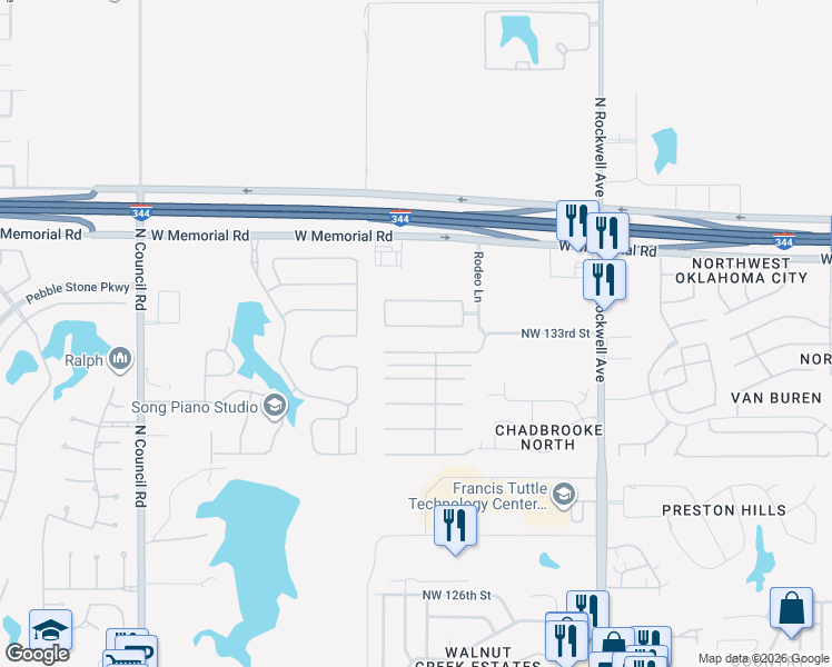map of restaurants, bars, coffee shops, grocery stores, and more near 7509 Northwest 133rd Street in Oklahoma City
