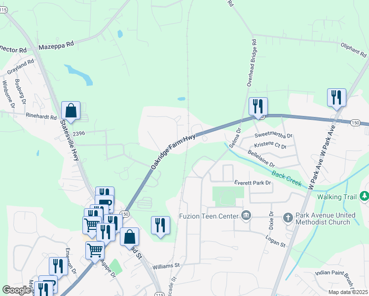 map of restaurants, bars, coffee shops, grocery stores, and more near 694 Oak Ridge Farm Highway in Mooresville
