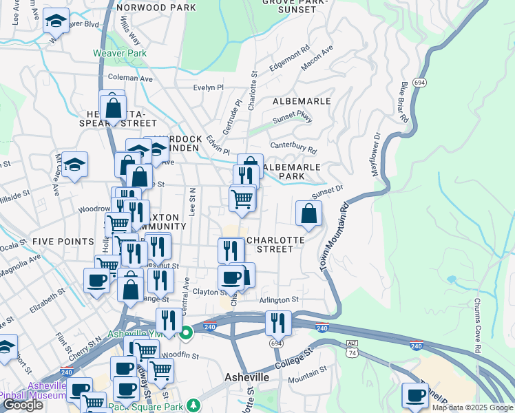 map of restaurants, bars, coffee shops, grocery stores, and more near 54 Albemarle Road in Asheville
