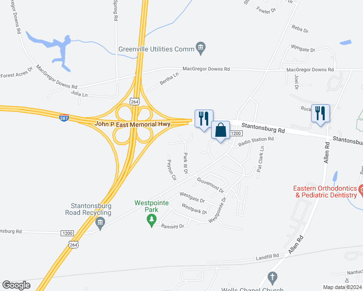 map of restaurants, bars, coffee shops, grocery stores, and more near 3301 Parkway Court in Greenville