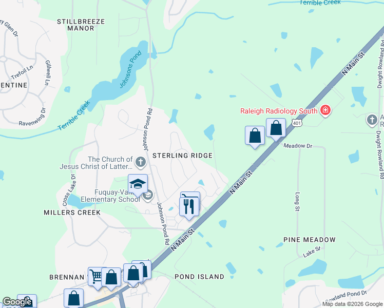 map of restaurants, bars, coffee shops, grocery stores, and more near 1527 Cairo Way in Fuquay Varina