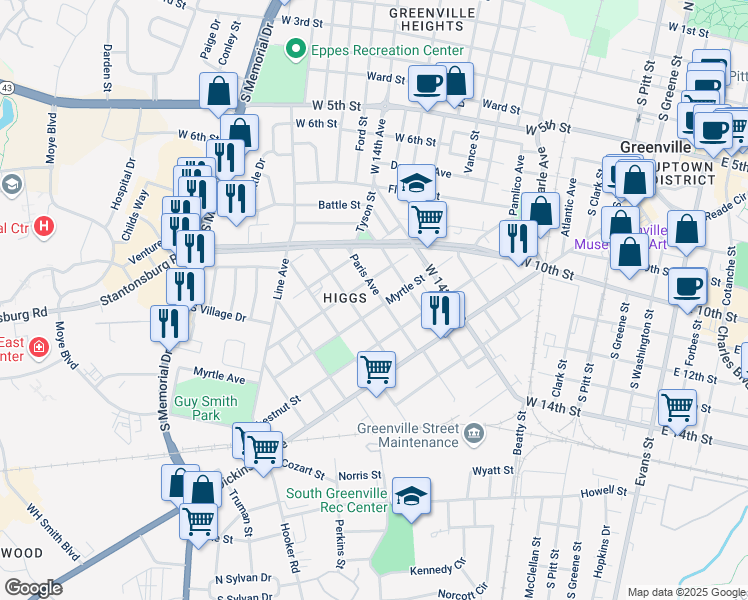 map of restaurants, bars, coffee shops, grocery stores, and more near 1600 Myrtle St in Greenville