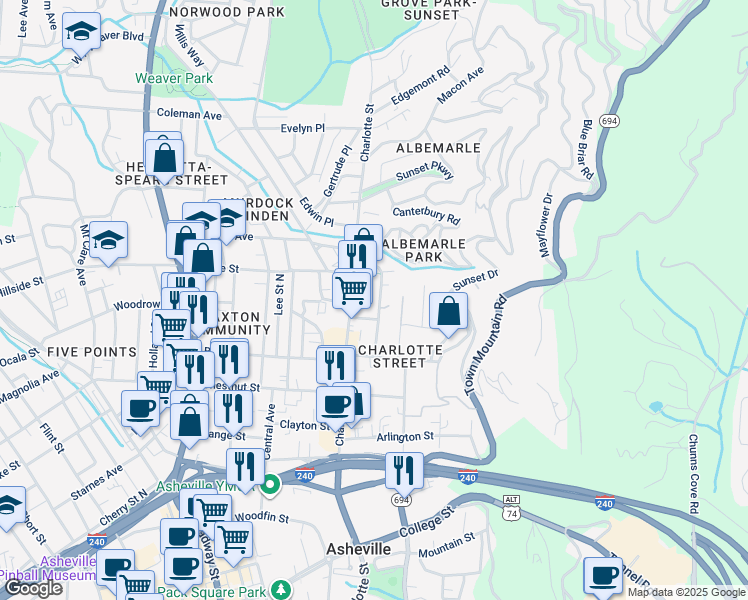 map of restaurants, bars, coffee shops, grocery stores, and more near 43 Albemarle Road in Asheville