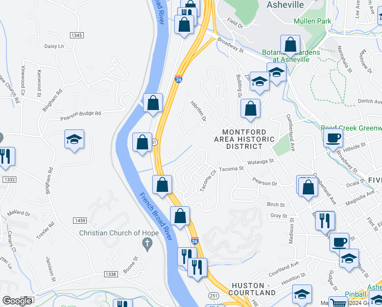 map of restaurants, bars, coffee shops, grocery stores, and more near 306 Westover Drive in Asheville