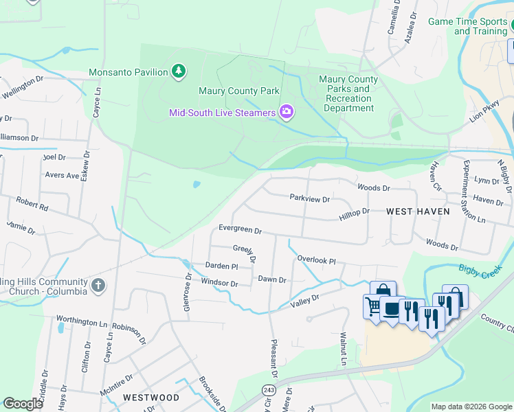 map of restaurants, bars, coffee shops, grocery stores, and more near 415 Hilltop Drive in Columbia