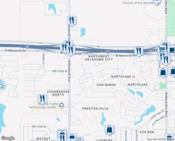 map of restaurants, bars, coffee shops, grocery stores, and more near 6812 135th Terrace in Oklahoma City