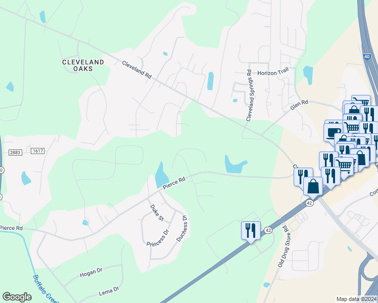 map of restaurants, bars, coffee shops, grocery stores, and more near 64 Waterpine Drive in Garner