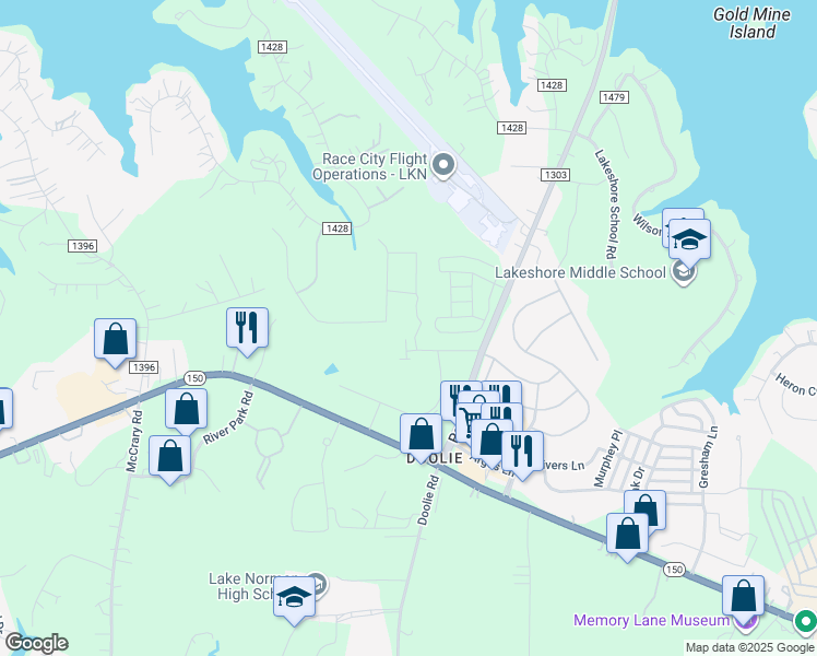 map of restaurants, bars, coffee shops, grocery stores, and more near 990 River Highway in Mooresville