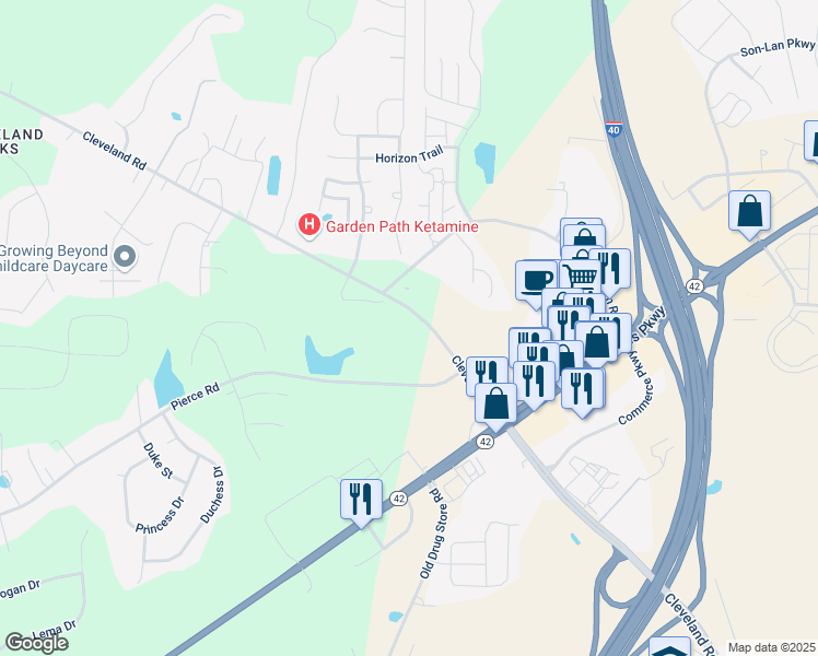 map of restaurants, bars, coffee shops, grocery stores, and more near 12815 Cleveland Road in Garner