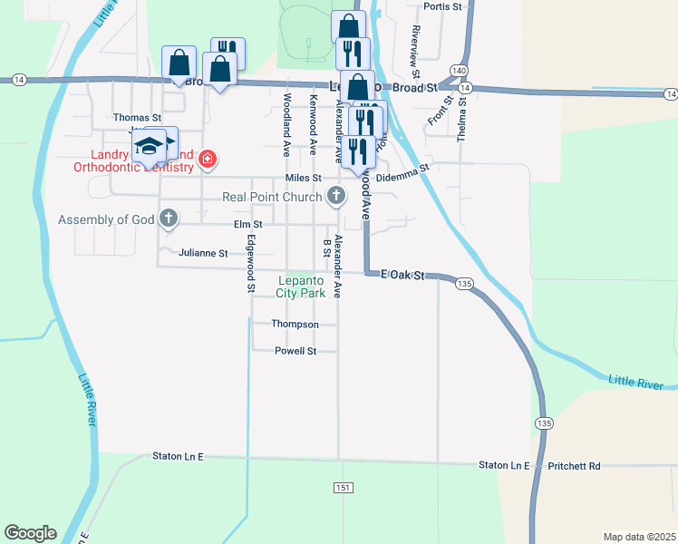 map of restaurants, bars, coffee shops, grocery stores, and more near Alexander Avenue in Lepanto
