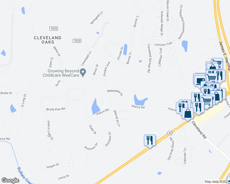 map of restaurants, bars, coffee shops, grocery stores, and more near 84 Waterpine Drive in Garner