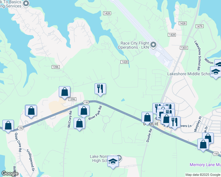 map of restaurants, bars, coffee shops, grocery stores, and more near 1040 River Highway in Mooresville