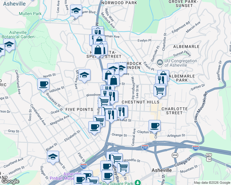 map of restaurants, bars, coffee shops, grocery stores, and more near 22 Claxton Place in Asheville