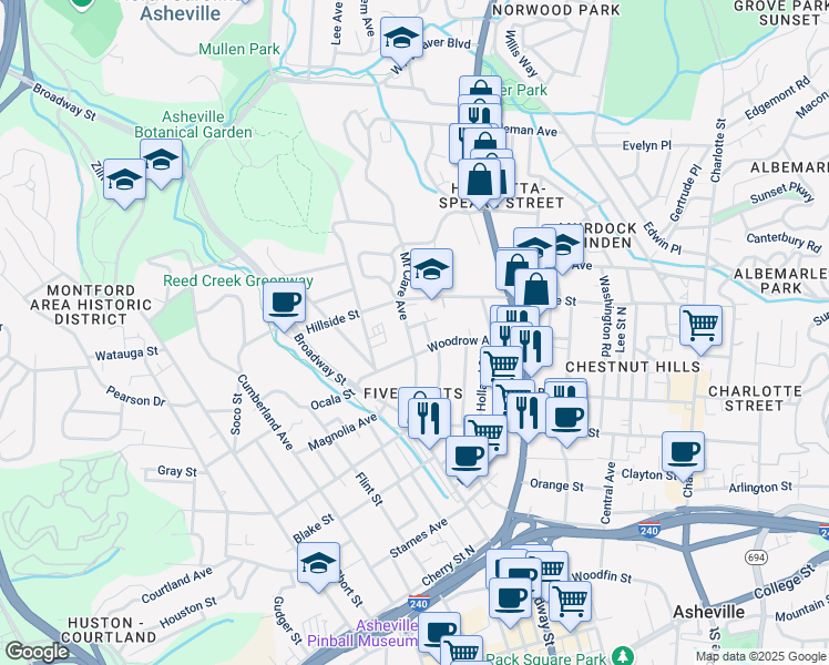 map of restaurants, bars, coffee shops, grocery stores, and more near 82 Mount Clare Avenue in Asheville