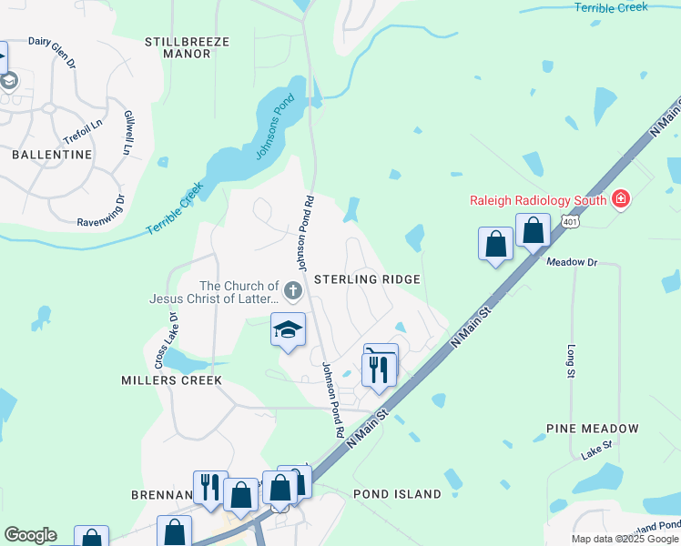 map of restaurants, bars, coffee shops, grocery stores, and more near 1505 Essexwood Drive in Fuquay Varina