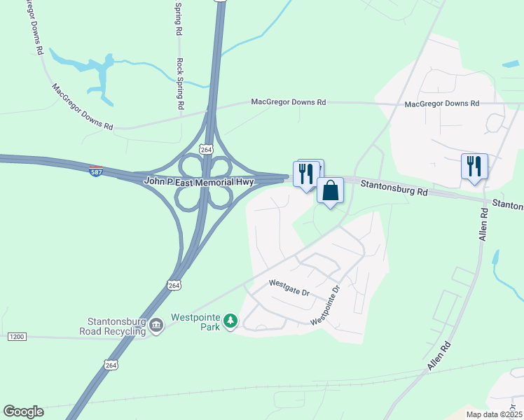 map of restaurants, bars, coffee shops, grocery stores, and more near 1102 A Park West Drive in Greenville