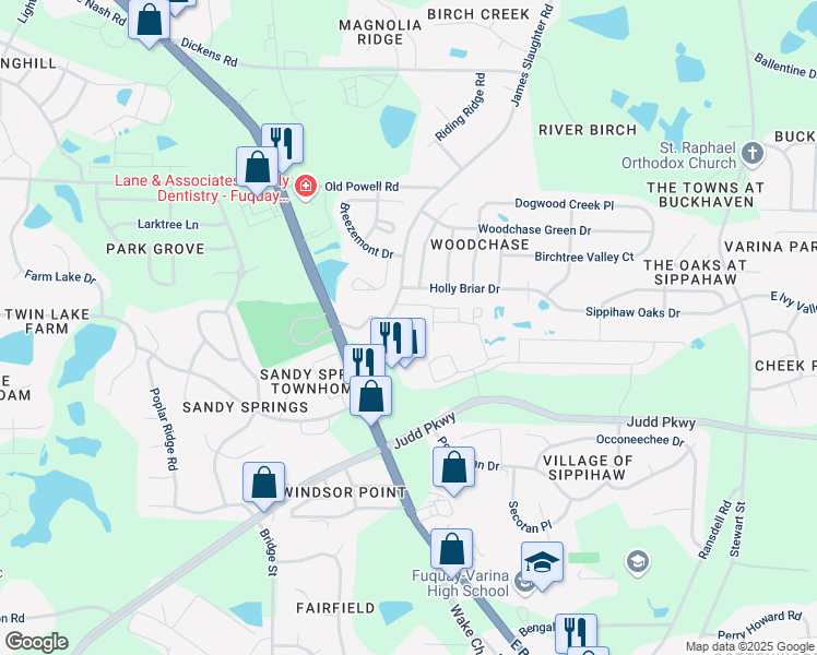 map of restaurants, bars, coffee shops, grocery stores, and more near 300 Holly Briar Drive in Fuquay-Varina