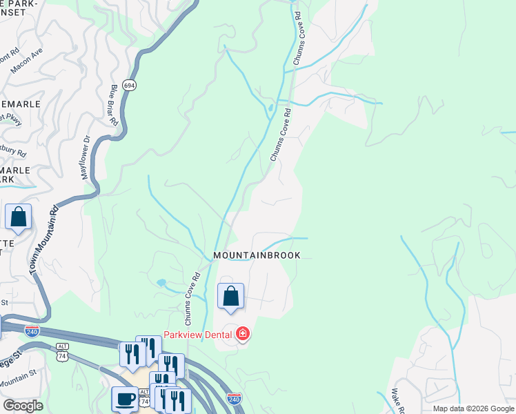 map of restaurants, bars, coffee shops, grocery stores, and more near 391 Chunns Cove Road in Asheville
