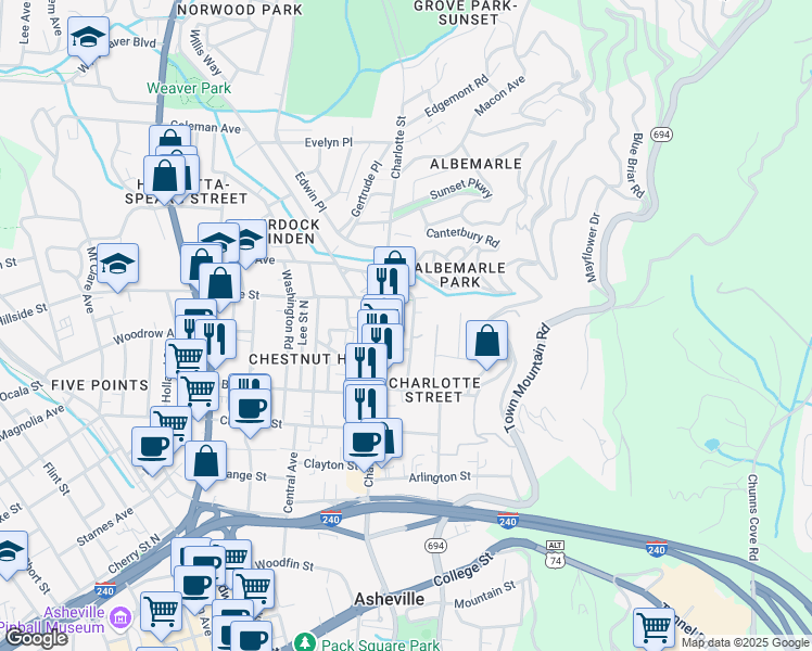 map of restaurants, bars, coffee shops, grocery stores, and more near 100 Orchard Place in Asheville