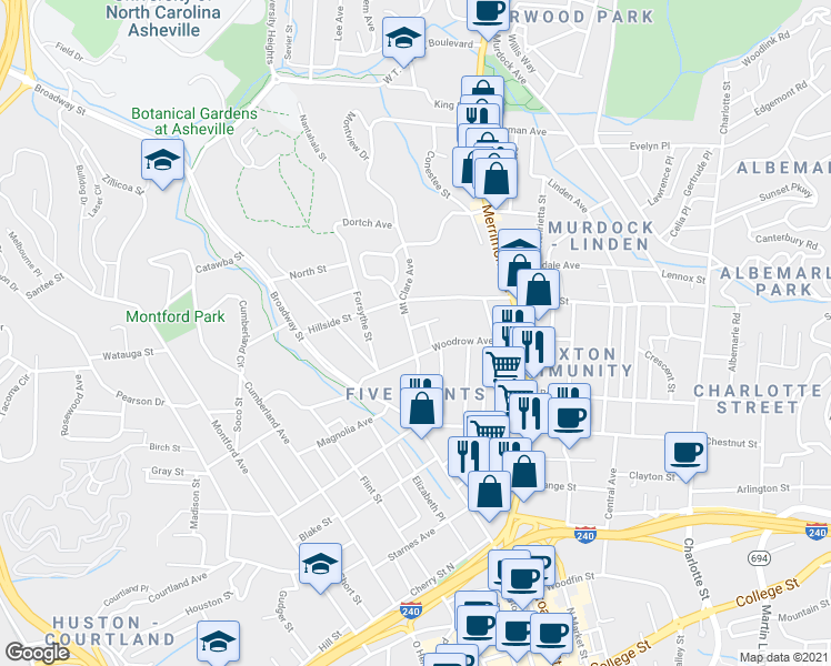 map of restaurants, bars, coffee shops, grocery stores, and more near 119 Hillside Street in Asheville