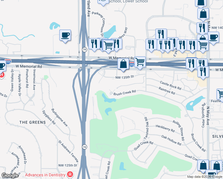 map of restaurants, bars, coffee shops, grocery stores, and more near 3422 Northwest 135th Street in Oklahoma City