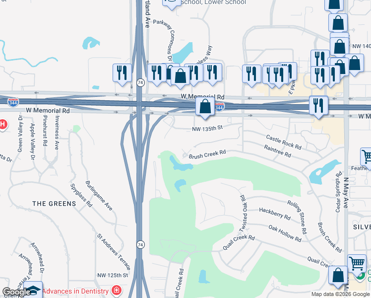 map of restaurants, bars, coffee shops, grocery stores, and more near 3422 Northwest 135th Street in Oklahoma City