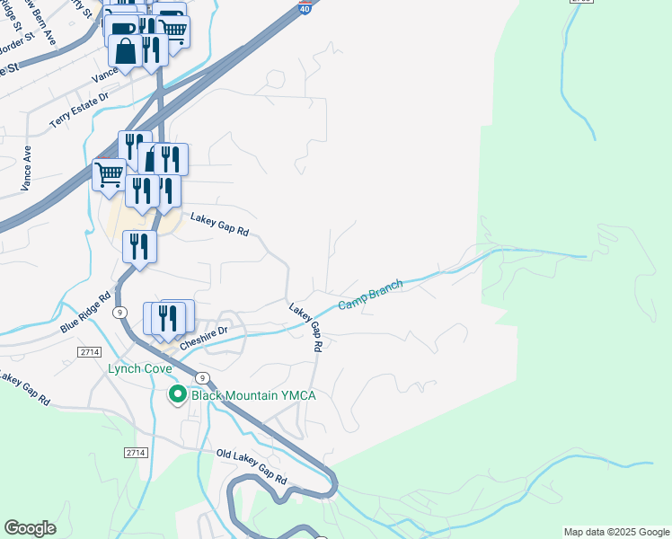 map of restaurants, bars, coffee shops, grocery stores, and more near 73 Camp Branch Road in Black Mountain