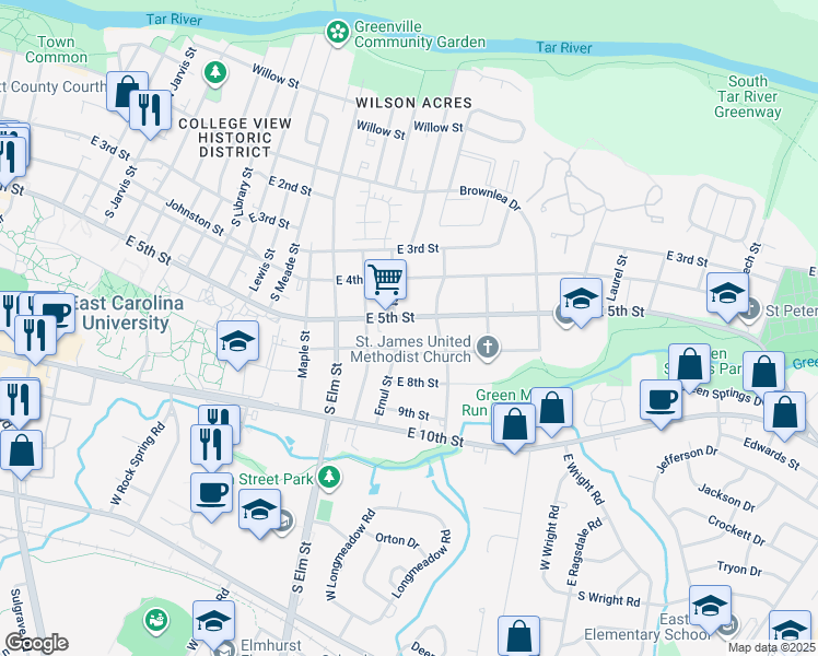 map of restaurants, bars, coffee shops, grocery stores, and more near 1908 East 5th Street in Greenville