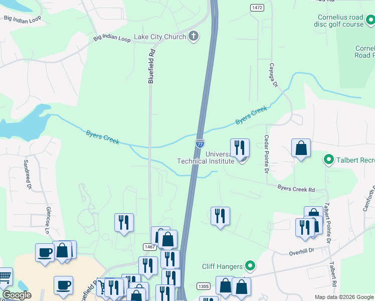 map of restaurants, bars, coffee shops, grocery stores, and more near Interstate 77 in Mooresville