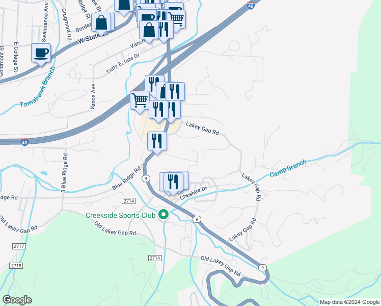 map of restaurants, bars, coffee shops, grocery stores, and more near 105 Brookside Avenue in Black Mountain
