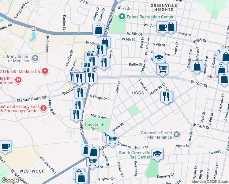 map of restaurants, bars, coffee shops, grocery stores, and more near 409 Line Avenue in Greenville
