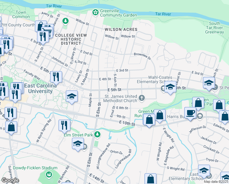 map of restaurants, bars, coffee shops, grocery stores, and more near 1808 East 5th Street in Greenville
