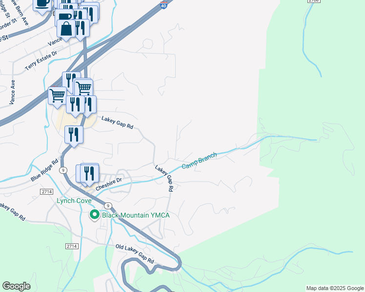 map of restaurants, bars, coffee shops, grocery stores, and more near 73 Camp Branch Road in Black Mountain