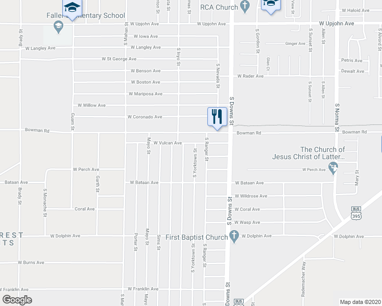 map of restaurants, bars, coffee shops, grocery stores, and more near 925 South Yorktown Street in Ridgecrest