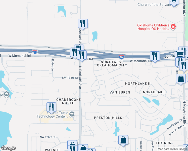 map of restaurants, bars, coffee shops, grocery stores, and more near 13601 Bell Avenue in Oklahoma City
