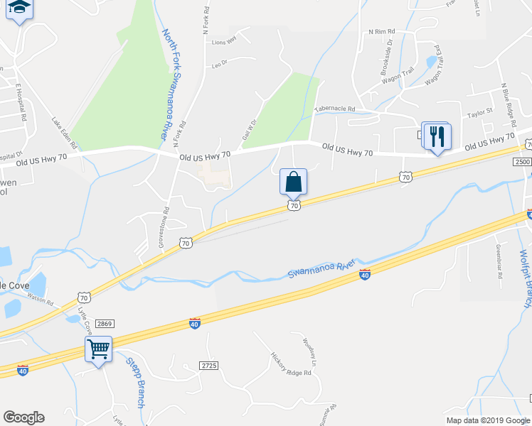 map of restaurants, bars, coffee shops, grocery stores, and more near 2950 U.S. 70 in Black Mountain