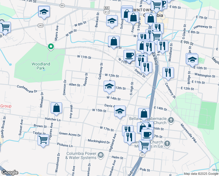 map of restaurants, bars, coffee shops, grocery stores, and more near 1411 School St in Columbia