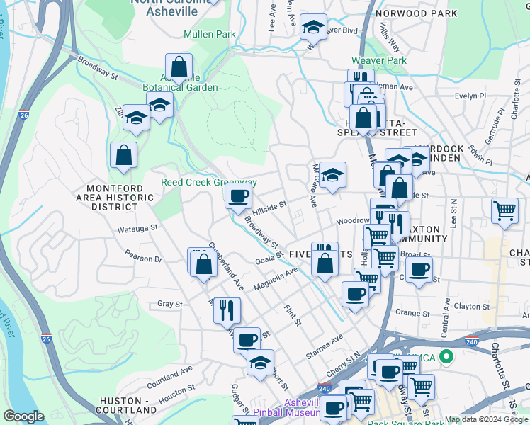 map of restaurants, bars, coffee shops, grocery stores, and more near 25 Hillside Street in Asheville