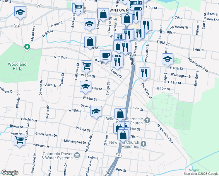 map of restaurants, bars, coffee shops, grocery stores, and more near 1315 South High Street in Columbia