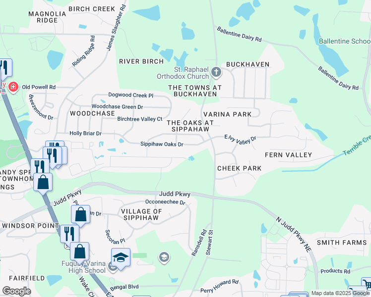 map of restaurants, bars, coffee shops, grocery stores, and more near 620 Sippihaw Oaks Drive in Fuquay-Varina