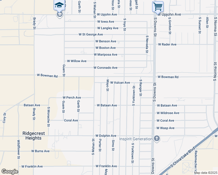 map of restaurants, bars, coffee shops, grocery stores, and more near Mayo Street in Ridgecrest