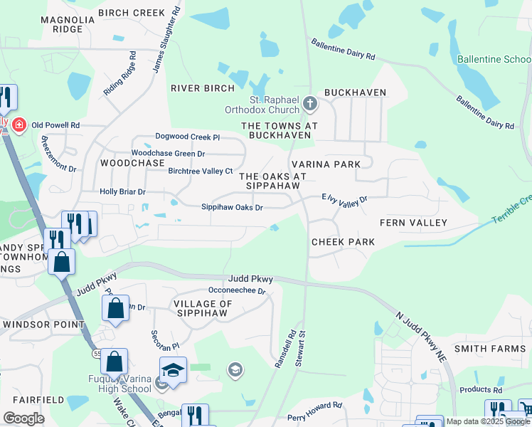 map of restaurants, bars, coffee shops, grocery stores, and more near 620 Sippihaw Oaks Drive in Fuquay-Varina