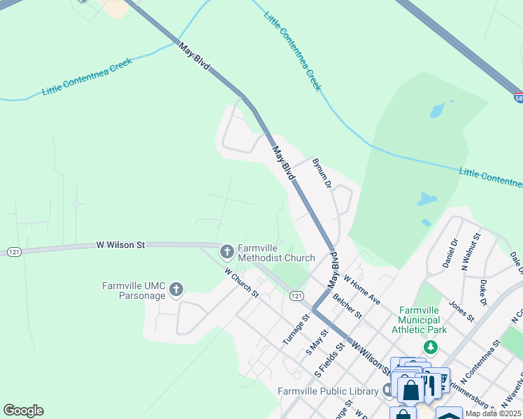 map of restaurants, bars, coffee shops, grocery stores, and more near 4402 Parker Court in Farmville