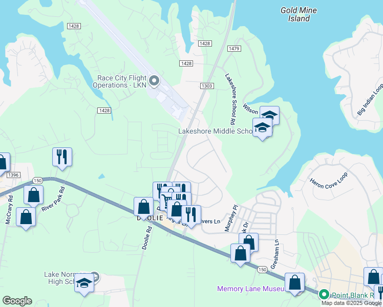 map of restaurants, bars, coffee shops, grocery stores, and more near 212 Blossom Ridge Drive in Mooresville